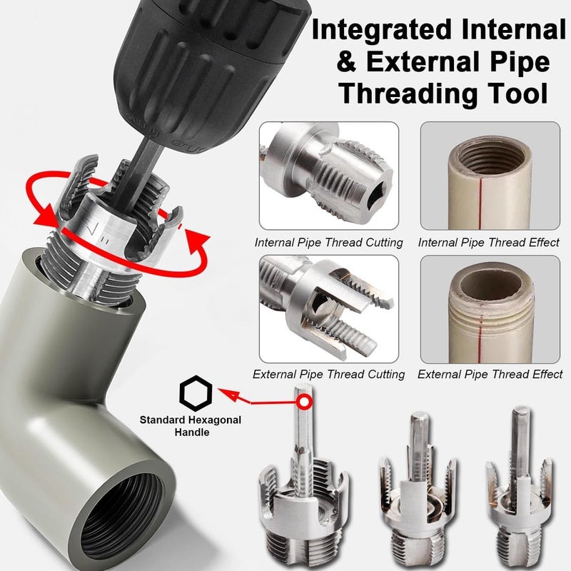 Eyech 3Pcs PVC Pipe Threader Kit 1/2" 3/4" 1" NPT, Integrated Internal & External Pipe Threading Cutting Tool, Dual-Function Electric Drill Compatible PVC Pipe Threader Kit - Image 3